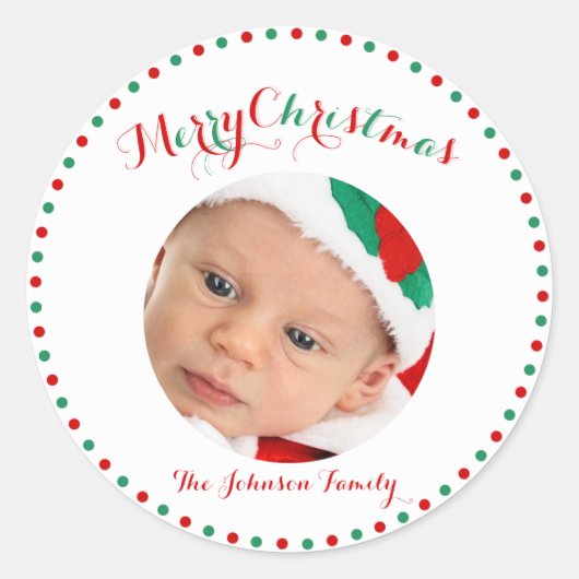White Red Green Round Photo Kerst stickers (Voorkant)