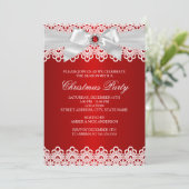 White Red Lace Jewel Bow kerstfeest Uitnodiging (Staand voorkant)