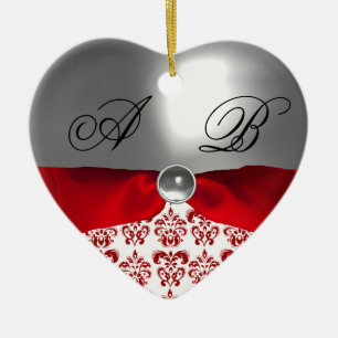 WHITE RED RIBBON DAMASK GEM STONE MONOGRAM KERAMISCH ORNAMENT