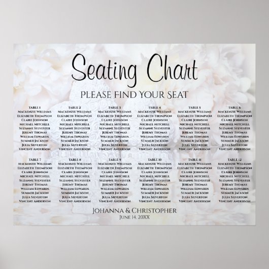 White Reflections 12 Table Wedding Seating Chart Poster (Voorkant)