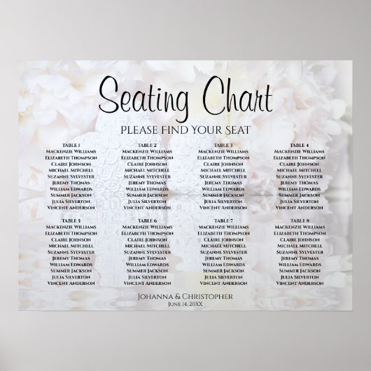 White Reflections 8 Table Wedding Seating Chart Poster (Voorkant)