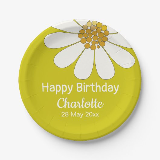White Retro Modern Daisy Flower Custom Birthday Papieren Bordje (Voorkant)
