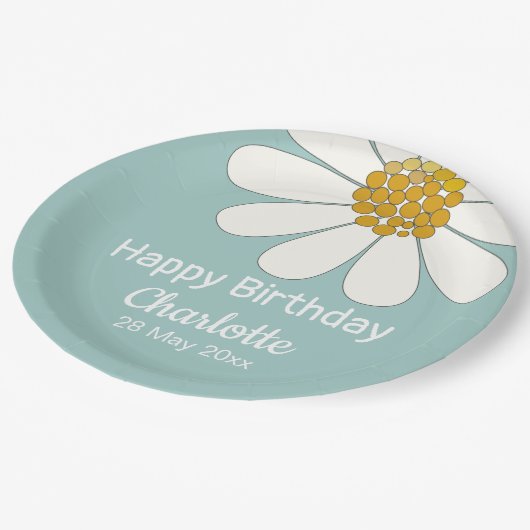 White Retro Modern Daisy Flower Custom Birthday Papieren Bordje (Gekanteld)