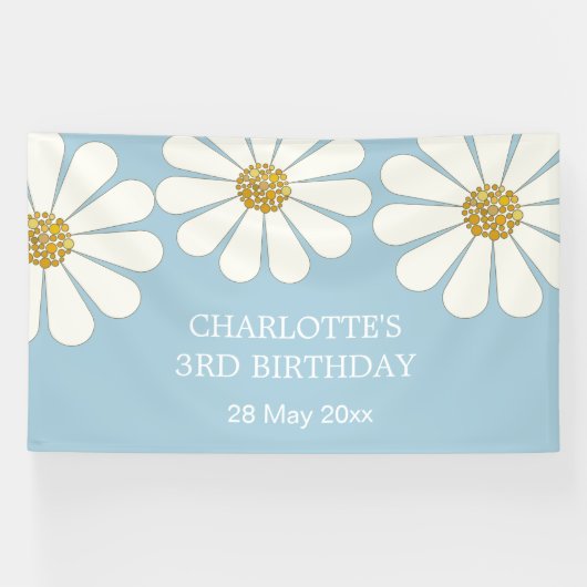 White Retro Modern Daisy Flower Custom Birthday Spandoek (Horizontaal)