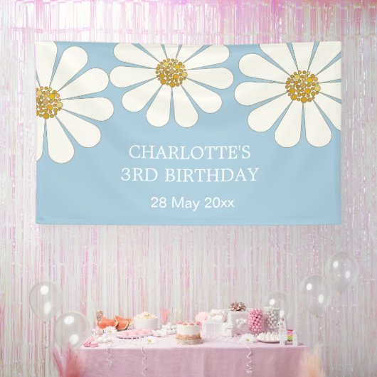 White Retro Modern Daisy Flower Custom Birthday Spandoek (Feest)