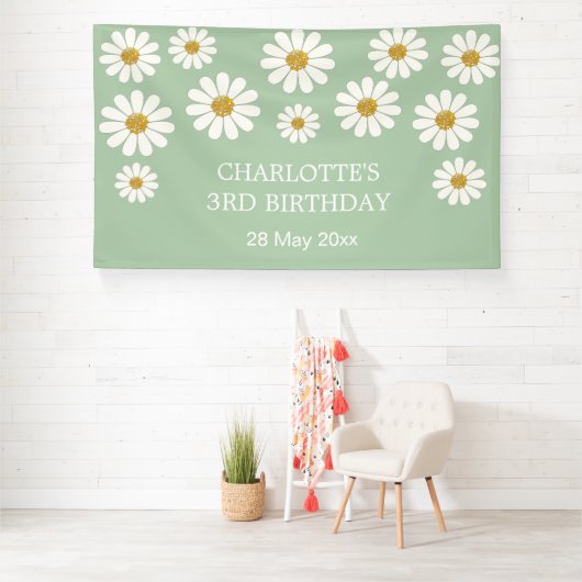 White Retro Modern Daisy Flower Custom Birthday Spandoek (Insitu)
