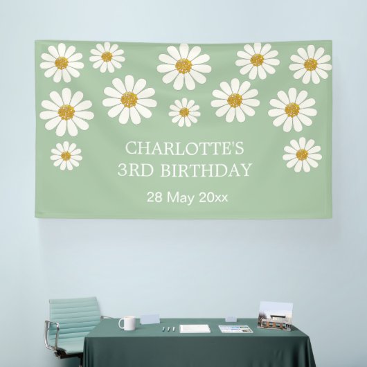 White Retro Modern Daisy Flower Custom Birthday Spandoek (Beurs)