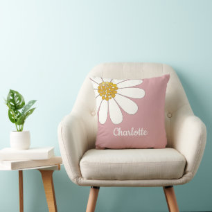White Retro Modern Daisy Flower Custom Name Kussen
