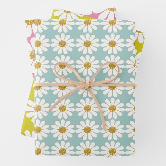 White Retro Modern Daisy Flower Pattern - Aangepas Inpakpapier Vel (In situ)
