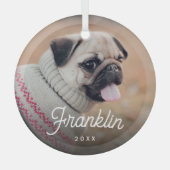 White Retro Script Pet Photo & Year Glas Ornament (Voorkant)