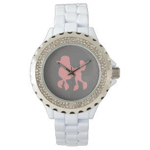 White Rhinestone Pink Poodle Women's Watch Horloge