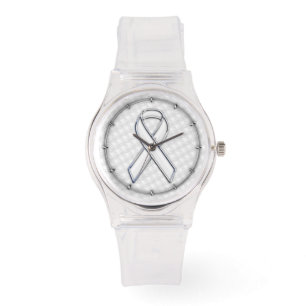 White Ribbon Awareness on Houndstooth Print Horloge