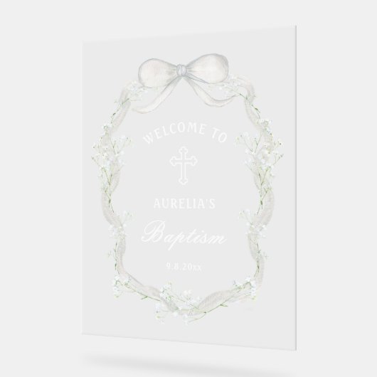 White Ribbon Baby's Breath Baptism Welcome Acryl Bord (Hoek)