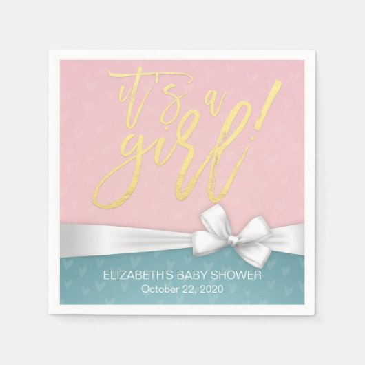 White Ribbon Gold Script Blue Roze Baby shower Servetten (Voorkant)