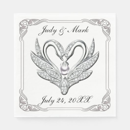 White Ribbon Silver Swans Paper Napkins Servetten (Voorkant)