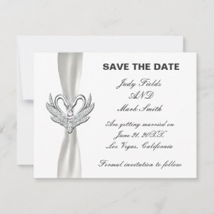 White Ribbon Silver Swans Save the Date Kaart