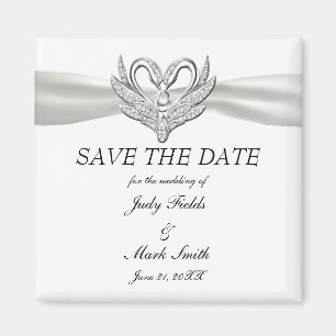 White Ribbon Silver Swans Save the Date Magnet Magneet