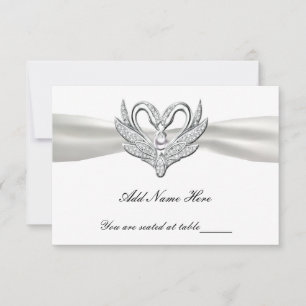 White Ribbon Silver Swans Table Place Card Kaart