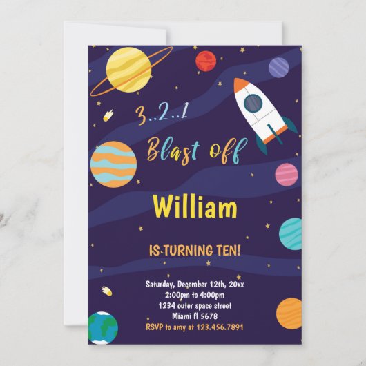 White Rocket Outer Space verjaardagsuitnodiging Kaart (Voorkant)