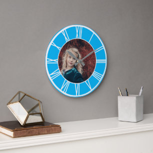 White Roman Numeral Sky Blue Add Photo Round Grote Klok