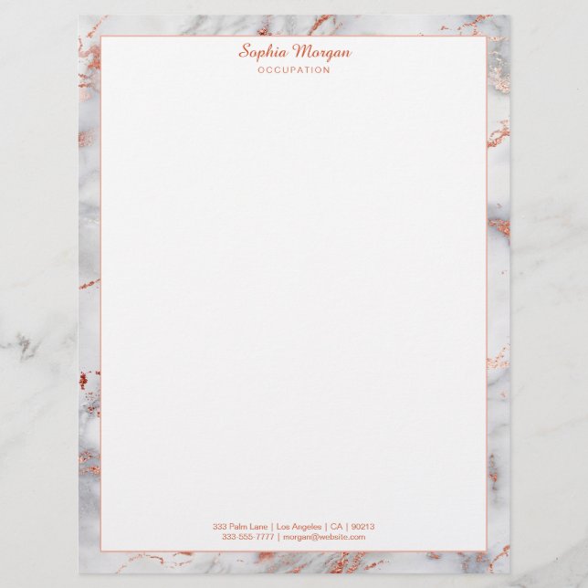 White & Roos Gold Marble Border, naam info Briefhoofd (Voorkant)