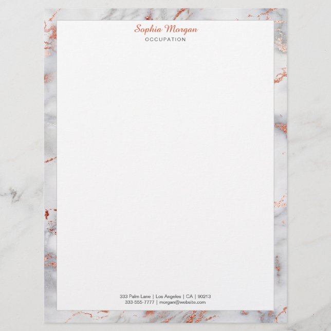 White & Roos Gold Marble Border, Name Info Letterh Briefhoofd (Voorkant)