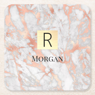 White & Roos Gold Marble Gold Box, naam en monogra Vierkante Kartonnen Onderzetter