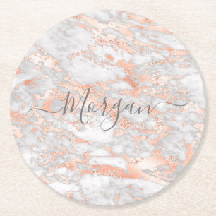 White & Roos Gold Marble, grijze Script Name Round Ronde Kartonnen Onderzetter