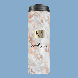 White & Roos Gold Marble, naam & monogram, Vs 2 Thermosbeker