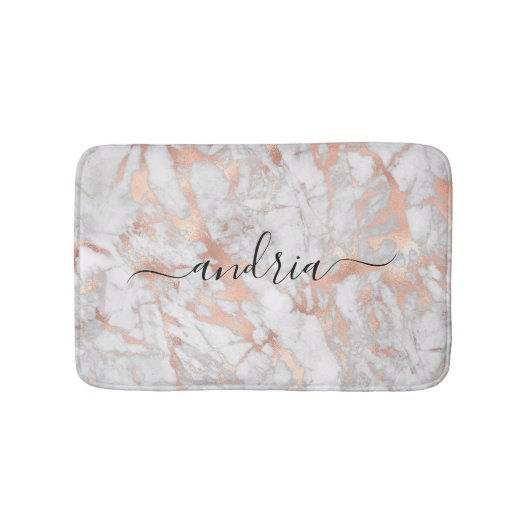 White & Roos Gold Marble, zwarte scriptnaam Badmat (Voorkant)