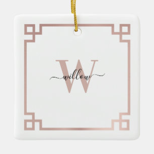 White & Roos Gold Pink Greek Key Monogrammen Keramisch Ornament