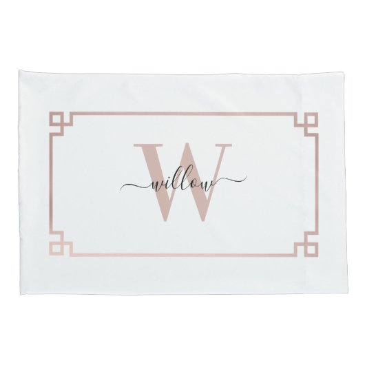 White & Roos Gold Pink Greek Key Monogrammen Kussensloop (Achterkant-Rechts)