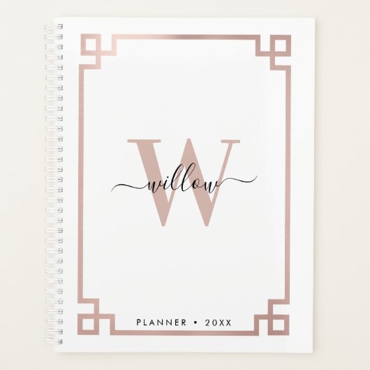 White & Roos Gold Pink Greek Key Monogrammen Planner (Voorkant)