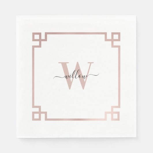 White & Roos Gold Pink Greek Key Monogrammen Servet (Voorkant)