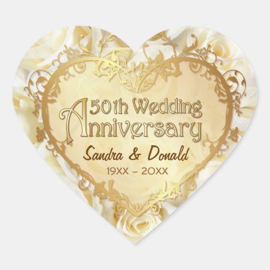 White Rose 50th Golden Wedding Anniversary Hart Sticker (Voorkant)