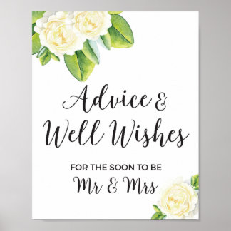 white Rose Advice and Well Wishes Wedding Sign Poster