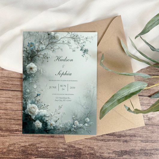 White Rose and Dusty Blue Mist Winter Wedding Kaart