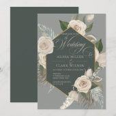 White Rose and Gold Forest Green Wedding Kaart (Voorkant / Achterkant)