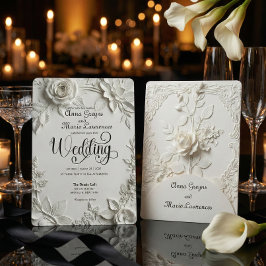 White Rose Bas Relief Faux Embossed Wedding  Kaart