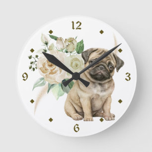 White Rose Boeket Pug Puppy Ronde Klok