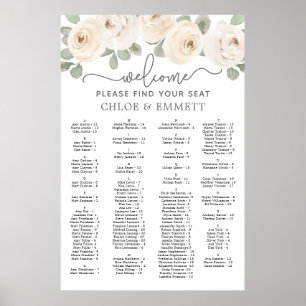 White Rose Botanical Alfabetical Seat Chart Poster