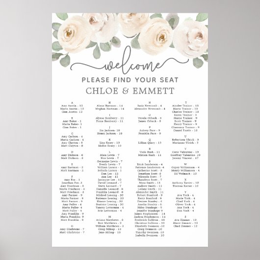 White Rose Botanical Alfabetical Seat Chart Poster (Voorkant)