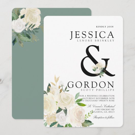 White Rose Bouquet | Bold Ampersand Wedding Invite Kaart (Voorkant / Achterkant)