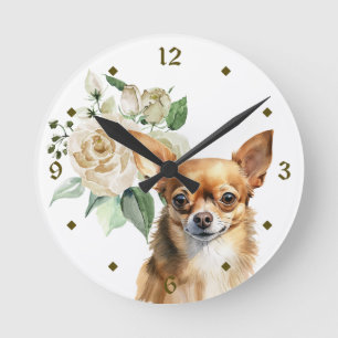 White Rose Bouquet Chihuahua Hond Ronde Klok