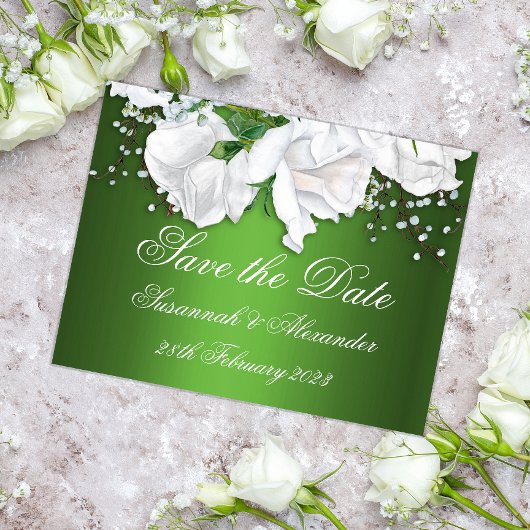 White Rose Bouquet en Metallic Green Wedding Aankondigingskaart