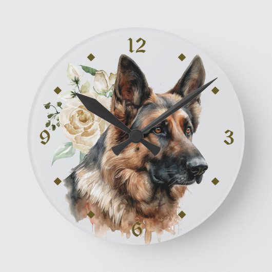 White Rose Bouquet German Shepherd Dog Ronde Klok (Voorkant)