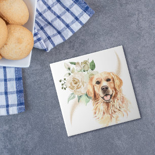 White Rose Bouquet Golden Retriever Dog Tegeltje