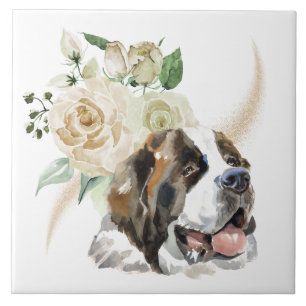 White Rose Bouquet Saint Bernard Dog Tegeltje