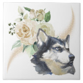White Rose Bouquet Siberian Husky Dog Tegeltje (Voorkant)