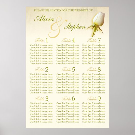 White Rose Bud Wedding Seating Table Planner 1-9 Poster (Voorkant)